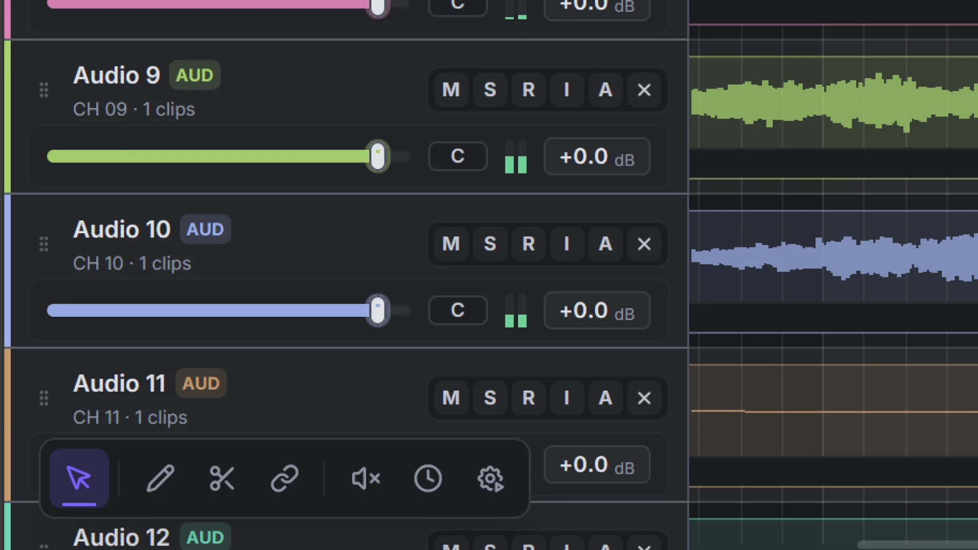 Floating toolbar appearing near an audio track with editing tool icons