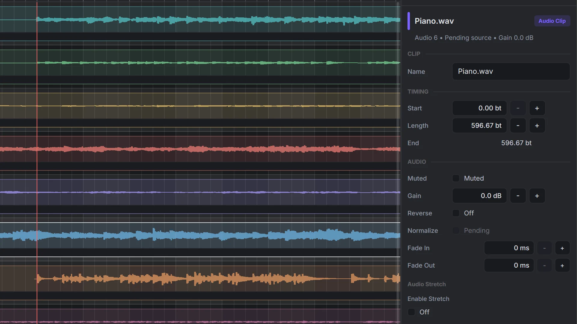 Inspector panel showing clip properties like name, timing, gain, and fade controls