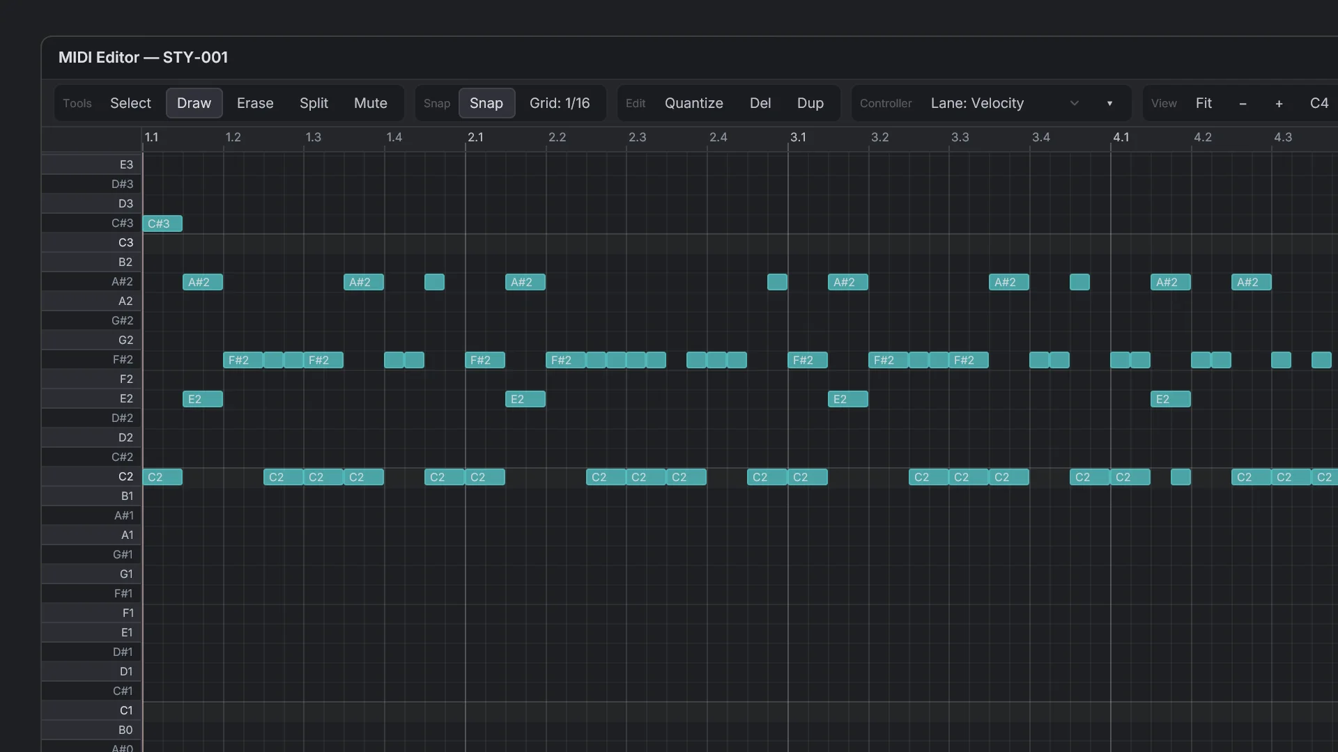 MIDI piano roll editor showing teal note blocks on a dark grid