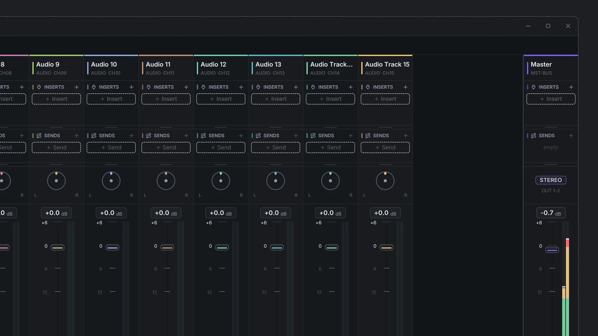 Futureboard mixer showing multiple channel strips with faders, pan knobs, and meters