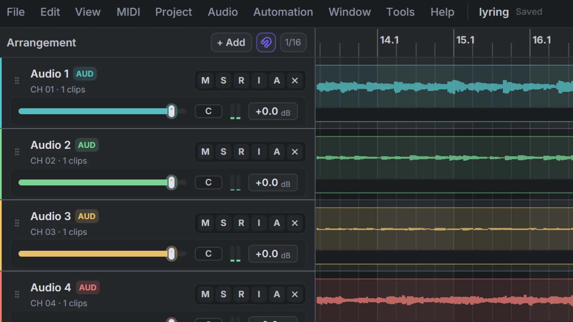 Futureboard track arrangement view showing multiple colored audio tracks